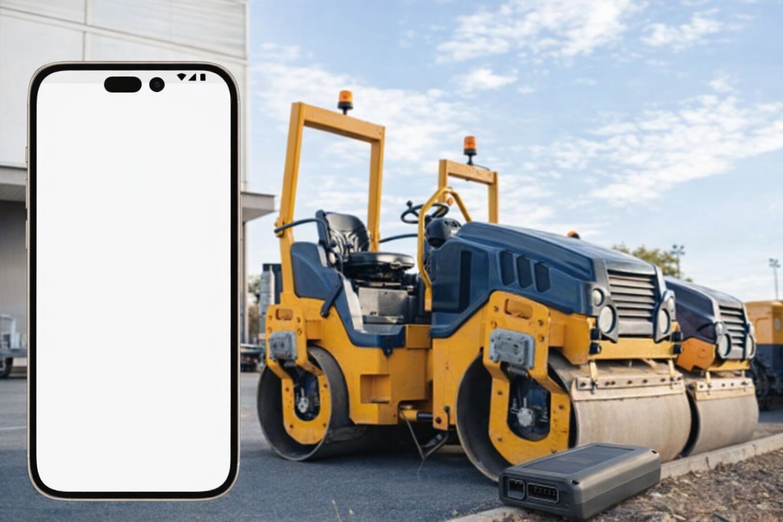 Smartphone mit leerem Bildschirm vor Baumaschinen und einem GPS-Tracker