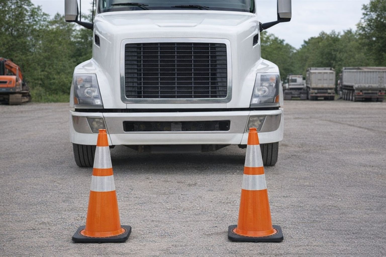 Frontansicht eines weißen LKWs mit zwei orangefarbenen Warnkegeln im Vordergrund.