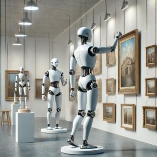 Humanoide Roboter betrachten gerahmte Kunst in einer Galerie